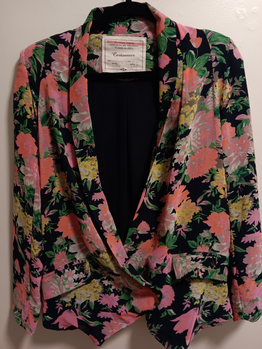 Cartonnier Floral Shawl Collar Blazer in Navy, Pink & Green